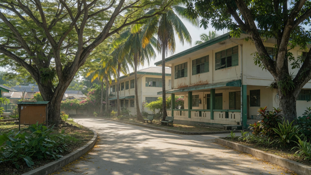 Tropical university campus walkway with academic buildings and trees